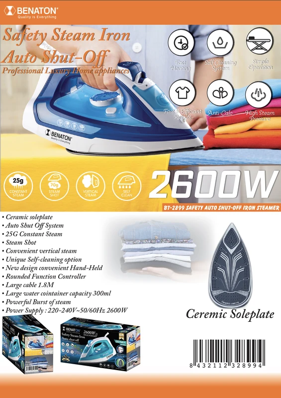 מגהץ מקצועי בלחץ אדים קרמי BENATON BT-2899 הספק 2600W – תמונה 3