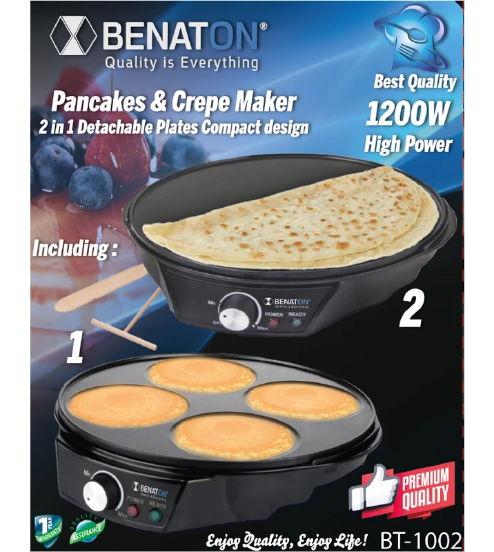 מכשיר להכנת פנקייקים + קרפים 2 ב-1 מולטיפונקציונלי - משטח נתיק קל לניקוי BT-1002 – תמונה 2